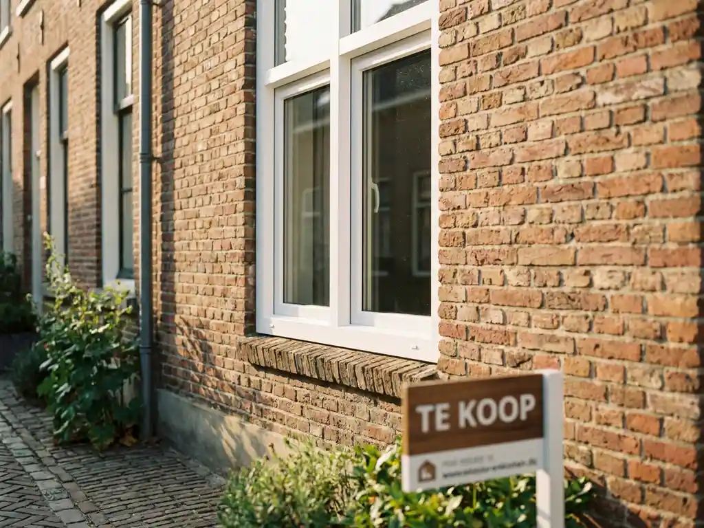 Nieuw wit uPVC kozijn in een Nederlandse bakstenen gevel met 'Te Koop'-bord en warm middagzonlicht.