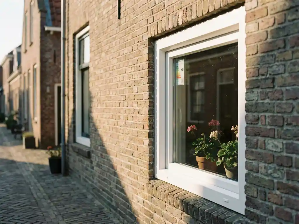 Nieuw wit PVC-kozijn in traditionele Friese bakstenen gevel met energielabel op het glas, warm middaglicht.