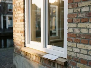 Wit uPVC-raamkozijn in verweerde bakstenen gevel van Harlings grachtenpand, met gemeentelijke subsidiedocument op de vensterbank in middagzon.