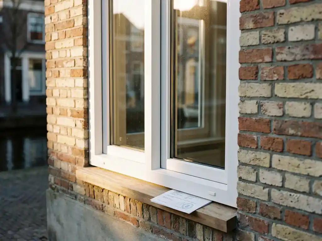 Wit uPVC-raamkozijn in verweerde bakstenen gevel van Harlings grachtenpand, met gemeentelijke subsidiedocument op de vensterbank in middagzon.