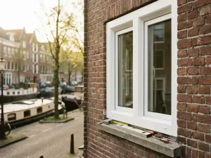 Nieuw geplaatst wit PVC-raamkozijn in bakstenen gevel van Hollandse rijtjeswoning, meetlint en gereedschap op de vensterbank, Friese gracht op de achtergrond.