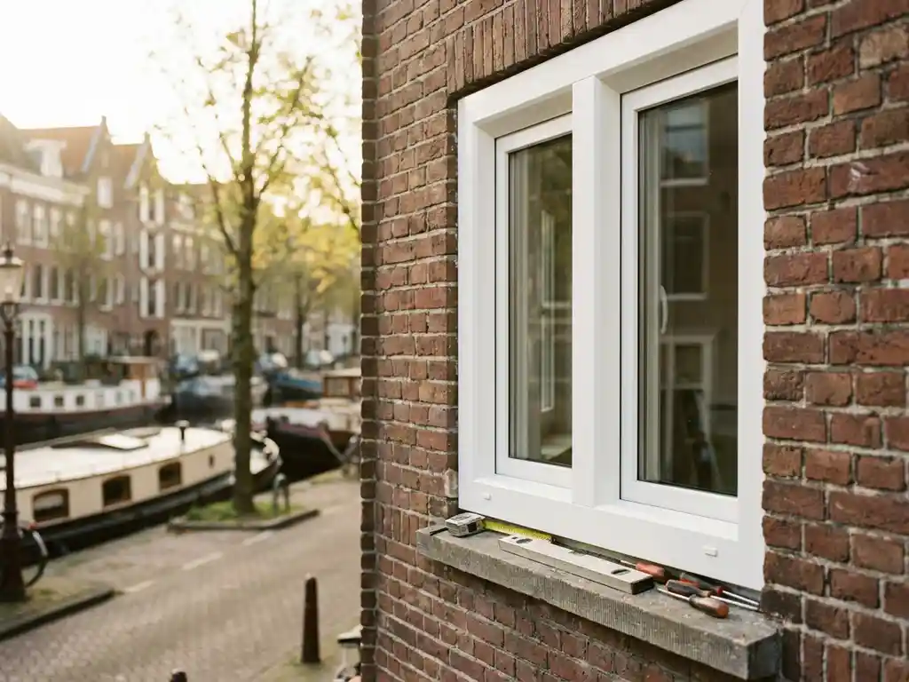 Nieuw geplaatst wit PVC-raamkozijn in bakstenen gevel van Hollandse rijtjeswoning, meetlint en gereedschap op de vensterbank, Friese gracht op de achtergrond.