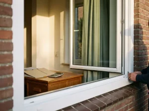 Wit PVC kozijn dat wordt geplaatst in een Nederlandse woning, met belastingdocumenten en rekenmachine op bureau op de achtergrond.