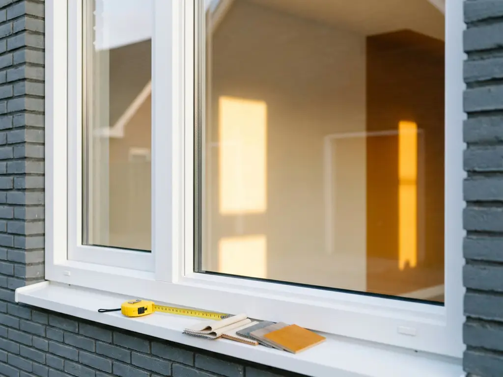 Nieuw geplaatst wit kunststof kozijn in Nederlandse woning met meetlint en materiaalstalen op de vensterbank.