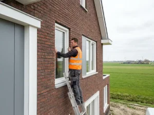 Vakman op ladder die wit PVC-kozijn plaatst in bakstenen gevel van Nederlandse nieuwbouwwoning in Flevoland.