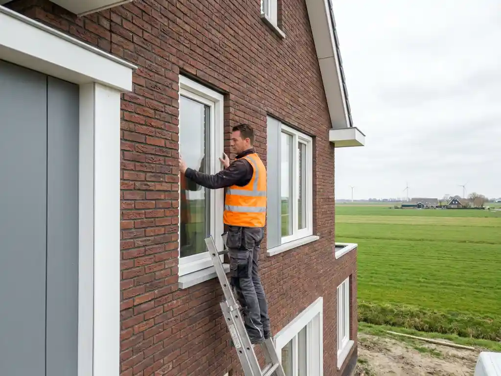 Vakman op ladder die wit PVC-kozijn plaatst in bakstenen gevel van Nederlandse nieuwbouwwoning in Flevoland.