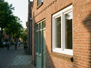 Wit kunststof kozijn in de bakstenen gevel van een jaren '30 rijtjeshuis in Friesland, warm gouduurlicht op het metselwerk.