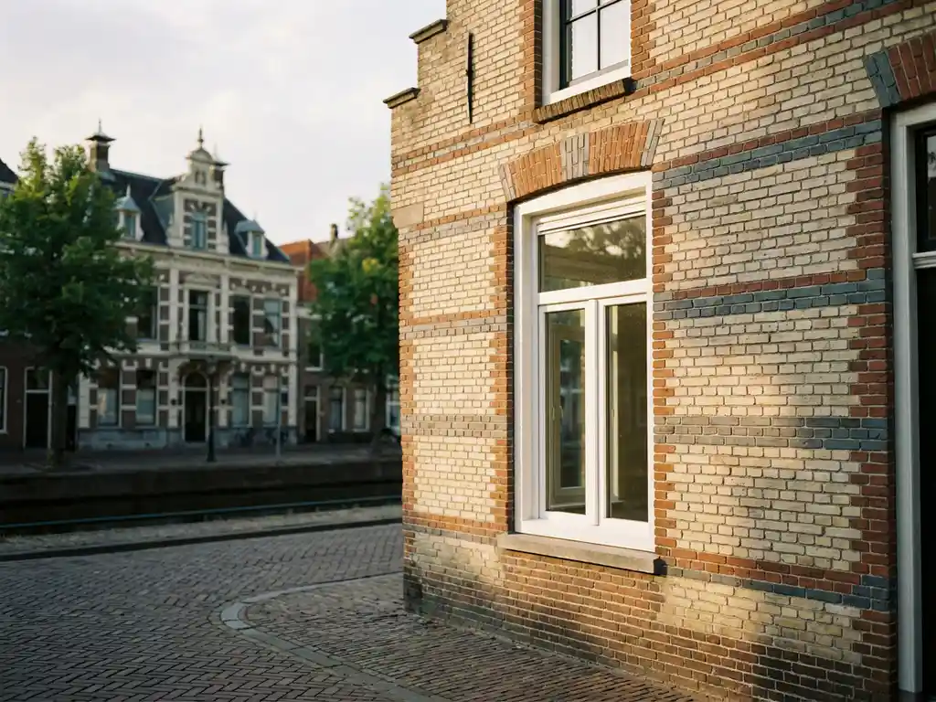 Wit PVC-kozijn in de bakstenen gevel van een historisch grachtenpand in Leeuwarden, gefotografeerd op straatniveau in warm middaglicht.