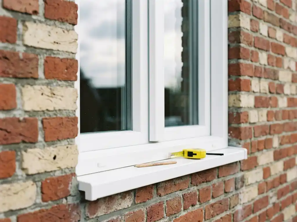 Nieuw geplaatst wit PVC kozijn in traditionele Friese bakstenen gevel, met meetlint en potlood op de vensterbank.