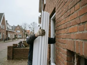 Monteur plaatst wit PVC-kozijn in bakstenen gevel van Fries woonhuis op rustige straat.