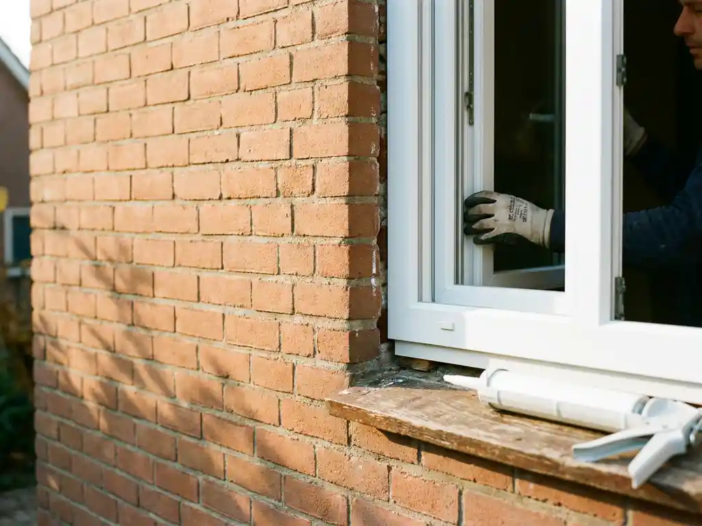 Vakman plaatst wit uPVC kozijn in bakstenen gevel, met kitpistool op de vensterbank in warm middaglicht.