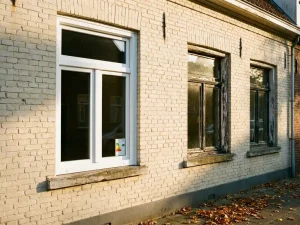 Nieuw wit kunststof kozijn naast verweerde houten kozijnen op een Nederlandse gevel, met energielabel op de vensterbank in warm herfsttlicht.