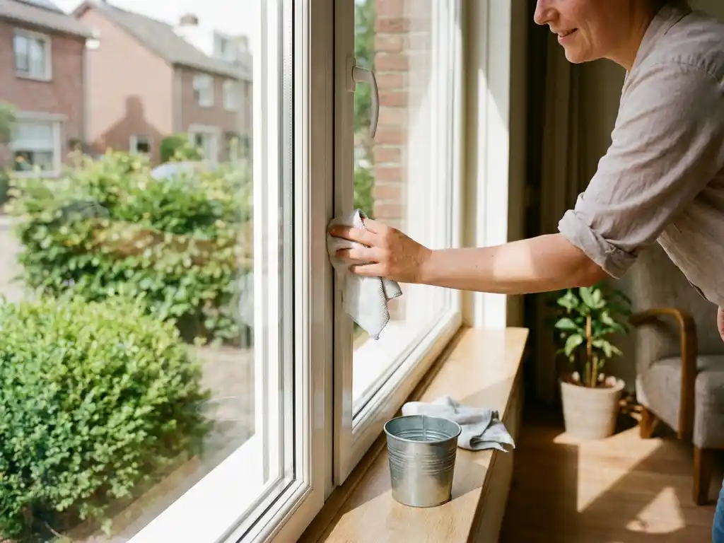 Huiseigenaar reinigt wit uPVC-kozijn met vochtige microvezeldoek, zonnelicht door schoon raam in Nederlandse woonkamer.
