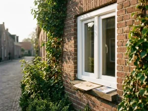 Nieuw wit uPVC-kozijn in Friese bakstenen gevel met subsidiedocumenten en munten op de vensterbank, omgeven door groen blad.
