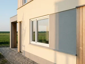 Wit PVC-kozijn in de buitengevel van een moderne vrijstaande woning in Flevoland, gefotografeerd op ooghoogte in zacht middaglicht.