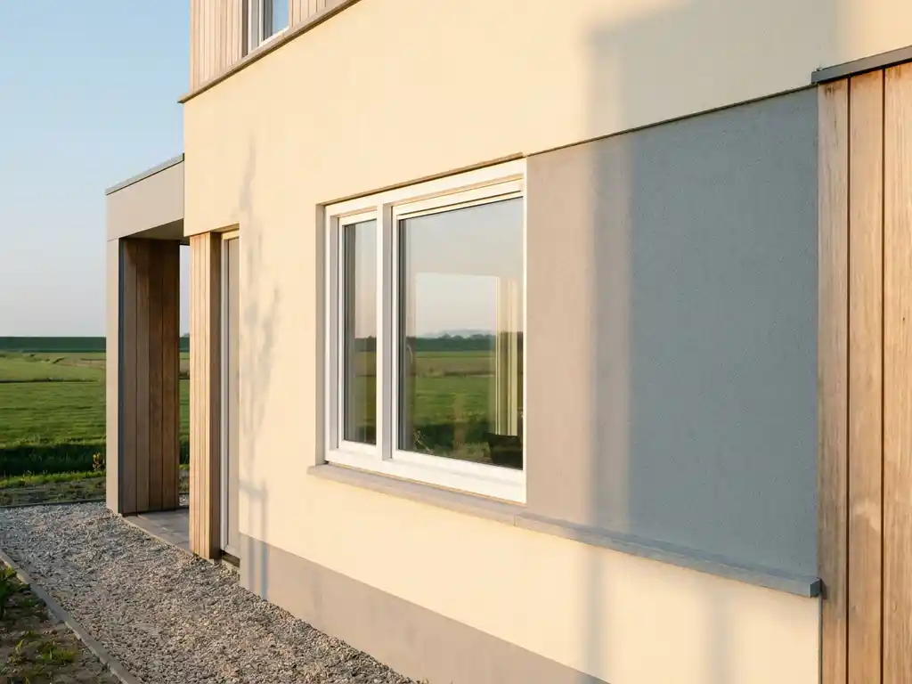 Wit PVC-kozijn in de buitengevel van een moderne vrijstaande woning in Flevoland, gefotografeerd op ooghoogte in zacht middaglicht.