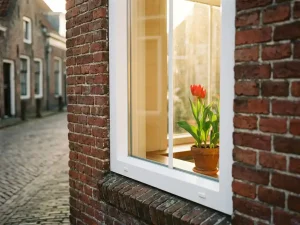 Wit kunststof kozijn in traditionele Friese bakstenen gevel met middagzon door helder glas op vensterbank met tulp.