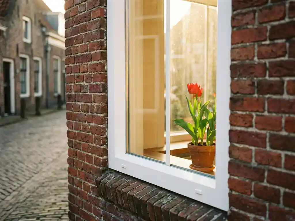 Wit kunststof kozijn in traditionele Friese bakstenen gevel met middagzon door helder glas op vensterbank met tulp.