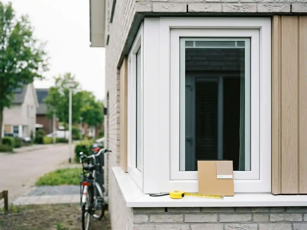 Nieuw geplaatst wit uPVC kozijn op de gevel van een moderne Nederlandse woning, met meetlint en materiaalstaal op de vensterbank.