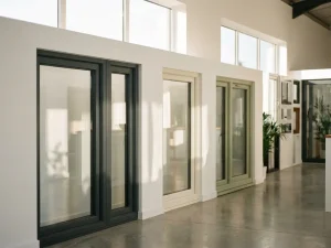 Drie kunststof kozijnen naast elkaar in een moderne showroom, uitgevoerd in antracietgrijs, crèmewit en saliegroen, met natuurlijk daglicht door de glasvlakken.