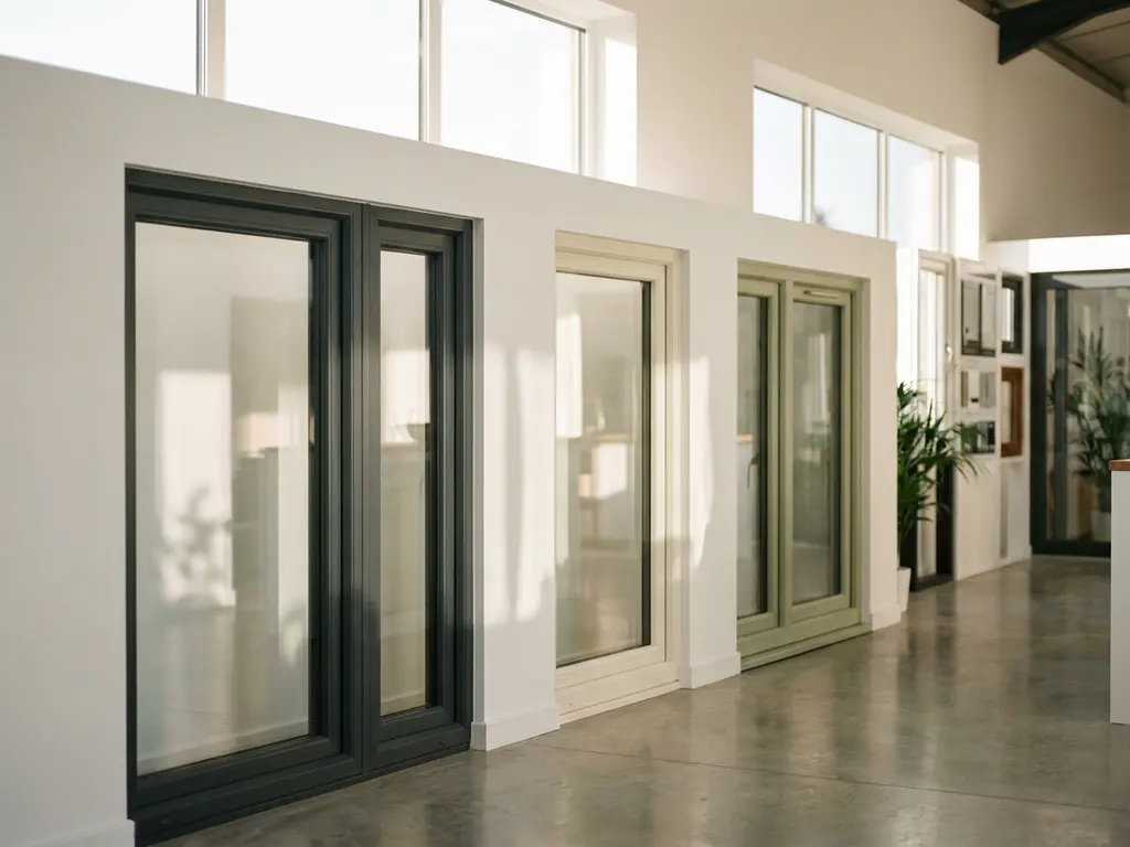 Drie kunststof kozijnen naast elkaar in een moderne showroom, uitgevoerd in antracietgrijs, crèmewit en saliegroen, met natuurlijk daglicht door de glasvlakken.