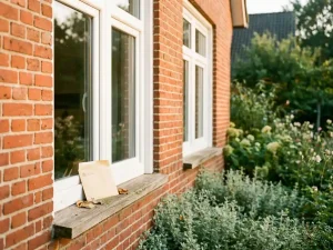 Wit PVC kozijn in Nederlandse bakstenen gevel met subsidiedocument op vensterbank, groene tuin op de achtergrond.