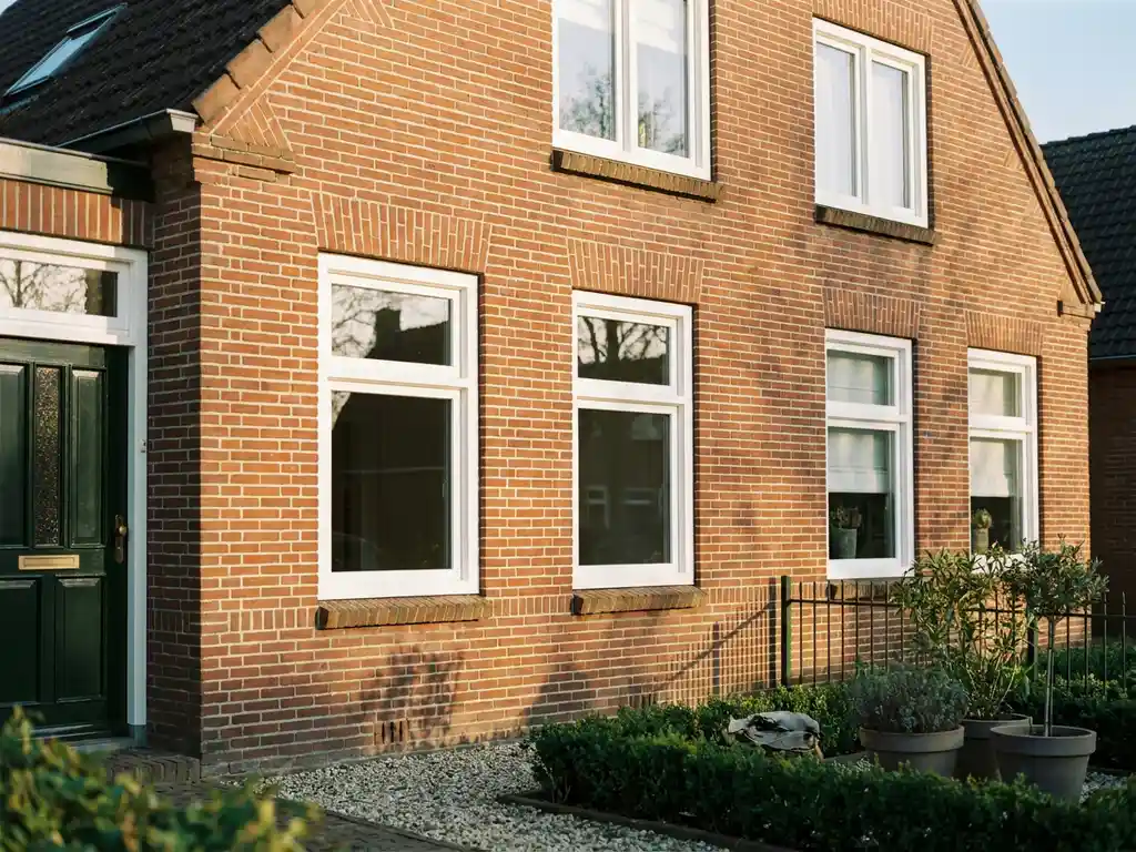 Nieuw geplaatste witte PVC kozijnen op de gevel van een traditionele Nederlandse bakstenen woning met verzorgde voortuin.