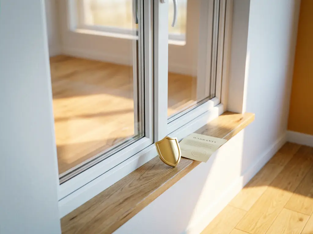 Wit uPVC raamkozijn met gouden schildembleem op vensterbank, garantiedocument ernaast, ochtendlicht door HR++ dubbel glas op eiken vloer.