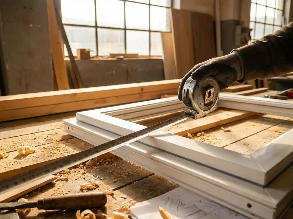 Vakman meet op maat gemaakt wit PVC kozijn met stalen rolmaat in zonnige werkplaats, houtkrullen en potloodmarkeringen zichtbaar.