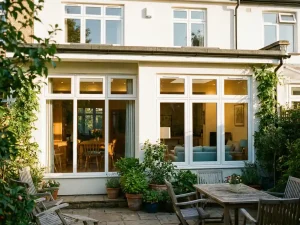 Moderne woninguitbouw met grote witte uPVC raamkozijnen, warm binnenlicht door driedubbel glas, groene planten op zonnig terras.