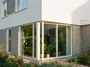 Moderne Nederlandse woning met slanke witte raamprofielen en grote glasvlakken, omgeven door weelderige groene tuin in warm middaglicht.