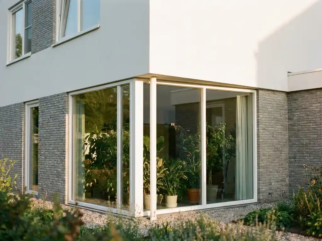 Moderne Nederlandse woning met slanke witte raamprofielen en grote glasvlakken, omgeven door weelderige groene tuin in warm middaglicht.