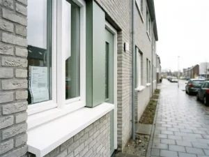 Nieuwbouwwoning in Almere met witte PVC-kozijnen en vergunningsdocument op vensterbank, rustige voorstedelijke straat op de achtergrond.
