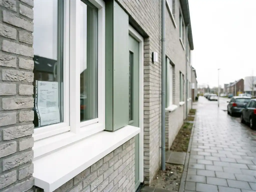 Nieuwbouwwoning in Almere met witte PVC-kozijnen en vergunningsdocument op vensterbank, rustige voorstedelijke straat op de achtergrond.