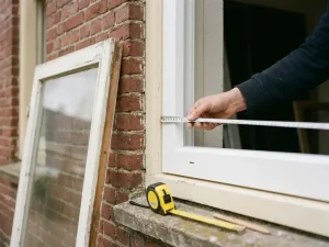 Op maat gemaakt wit PVC kozijn vergeleken met standaard fabrieksframe tegen bakstenen gevel, meetlint en potlood op de dorpel.