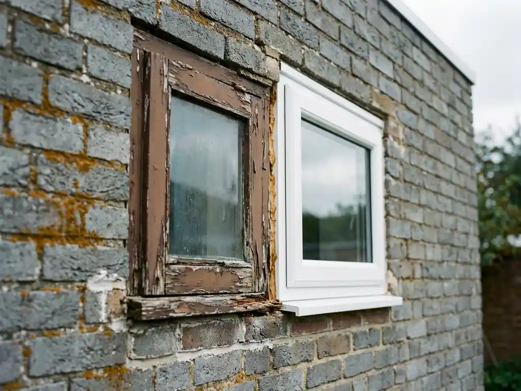 Verouderd houten kozijn naast nieuw wit uPVC kozijn met dubbel glas in Nederlandse bakstenen gevel, contrast tussen oud en nieuw.