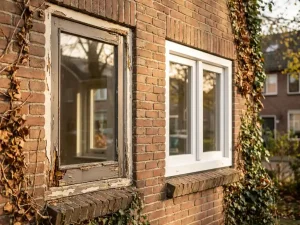 Verweerd houten kozijn met afbladderende verf naast een nieuw wit PVC-kozijn in een terracotta bakstenen gevel, Nederland.