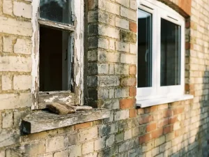 Verweerde houten vensterbank met afbladderende witte verf naast modern wit PVC-kozijn op bakstenen gevel, kwast op dorpel.