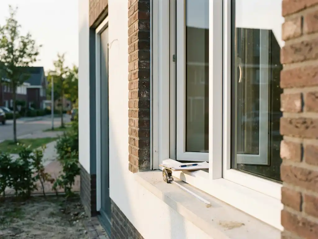 Nieuw geïnstalleerd wit PVC-kozijn op een moderne woning in Almere, met meetlint en klembord op de vensterbank voor kostenraming.