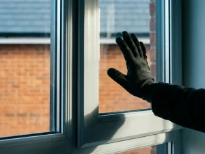 Handgeschoende hand die tevergeefs drukt op dubbel beglaasde PVC raam met veiligheidsglas, Nederlandse bakstenen gevel op achtergrond.