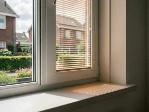 Wit PVC-raam met geïntegreerde jaloezieen tussen dubbel glas, warme streepschaduwen op vensterbank, Nederlandse tuin op achtergrond.