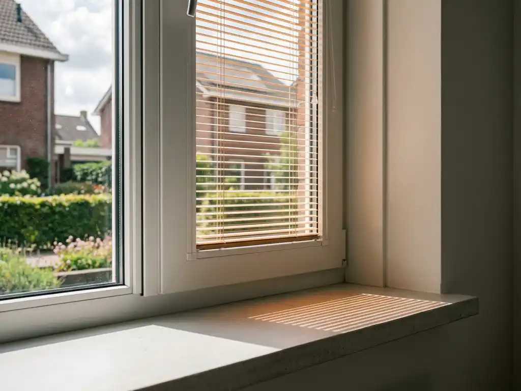 Wit PVC-raam met geïntegreerde jaloezieen tussen dubbel glas, warme streepschaduwen op vensterbank, Nederlandse tuin op achtergrond.