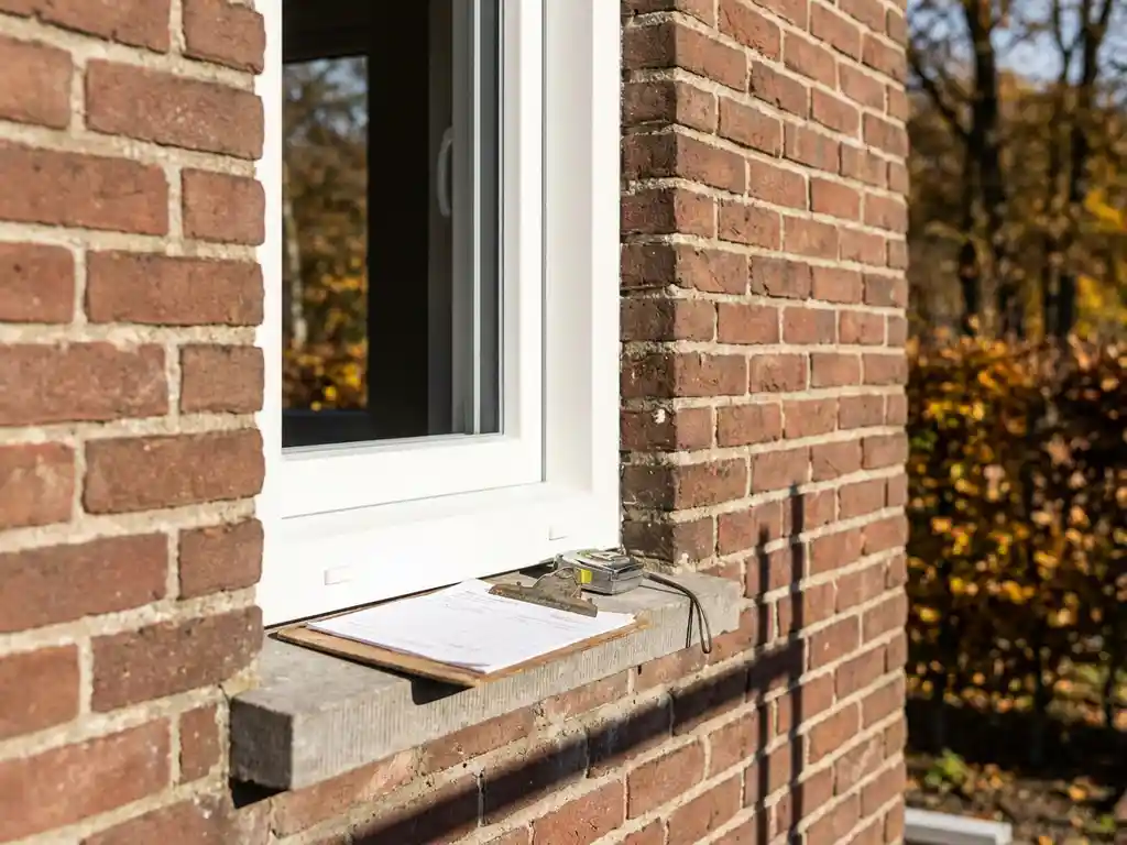 Nieuw geplaatst wit PVC-kozijn in Nederlandse bakstenen gevel met keuringsklembord en meetlint op de vensterbank.