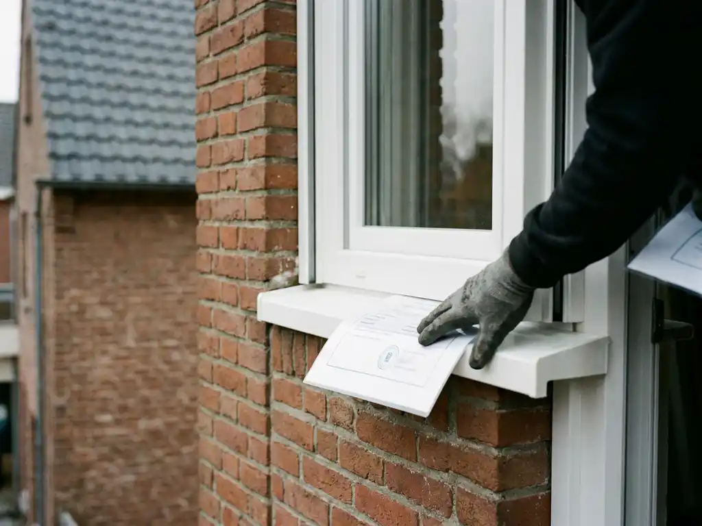 Gecertificeerde installateur houdt garantiedocument bij wit PVC-kozijn op Nederlandse bakstenen gevel in daglicht.