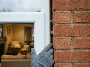 Huiseigenaar wijst op uitlijningsfout tussen wit PVC-kozijn en bakstenen muur bij nieuw geïnstalleerd raam.