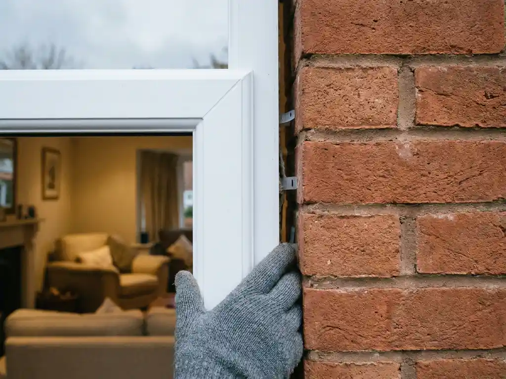 Huiseigenaar wijst op uitlijningsfout tussen wit PVC-kozijn en bakstenen muur bij nieuw geïnstalleerd raam.