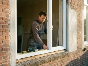 Installateur plaatst wit PVC-raamkozijn in bakstenen gevel met meetlint en gereedschap op de vensterbank.