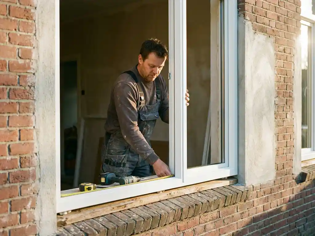 Installateur plaatst wit PVC-raamkozijn in bakstenen gevel met meetlint en gereedschap op de vensterbank.