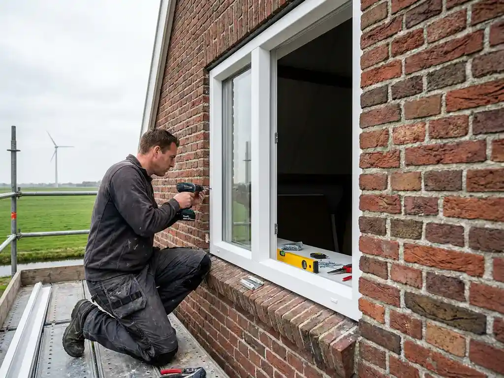 Vakman plaatst groot wit PVC-kozijn in bakstenen gevel van Nederlandse woning, met waterpas en gereedschap op de dorpel.