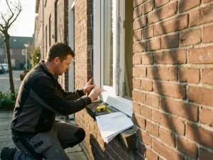 Installateur plaatst wit PVC-kozijn in bakstenen gevel van Nederlandse woning, met kit, meetlint en vergunningsdocument op de vensterbank.